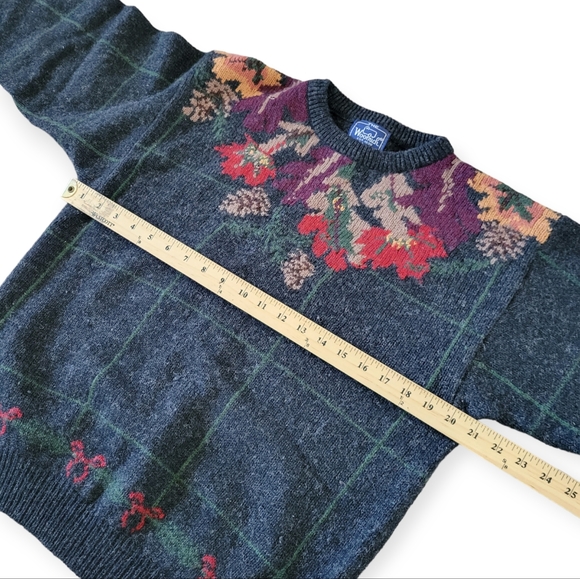 Vintage Woolrich Wool Window Pane Plaid Leaves Grandpa Charcoal Sweater - Picture 5 of 6